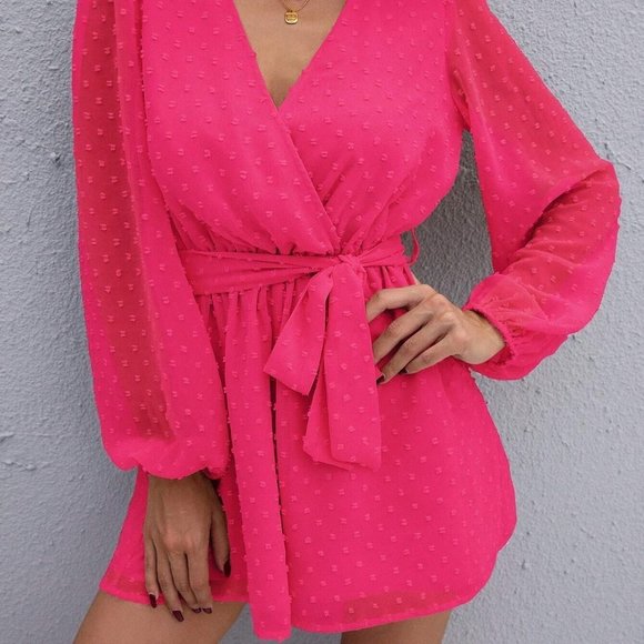 Pink Boho Womens Surplice Neck Lantern Sleeve Belted Swiss Dot Chiffon … - Picture 3 of 5